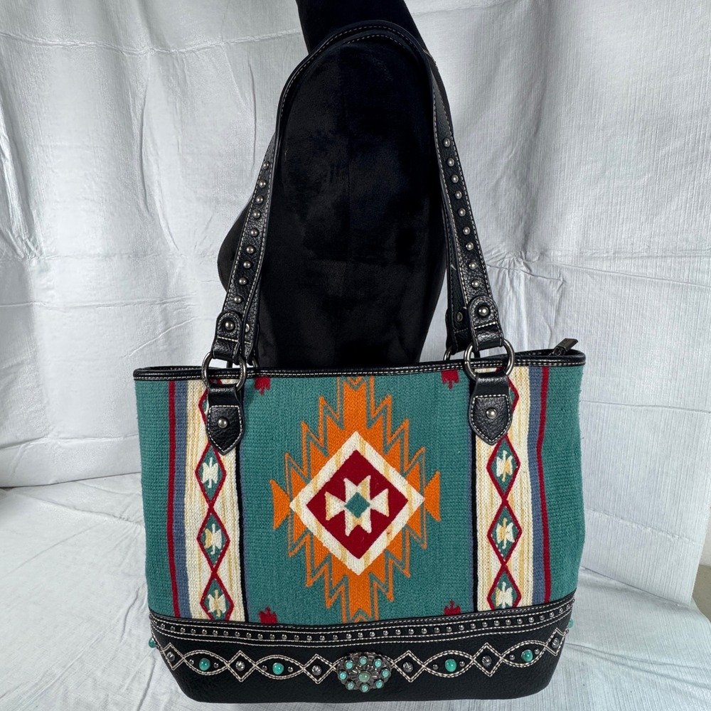 Montana West Southwestern Aztec Tote Bag Concealed Carry Black Teal - Picture 1 of 11